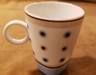 Maxwell & Williams  Mug White Blue Silver Brown Dots Tapered Square Base Loop.