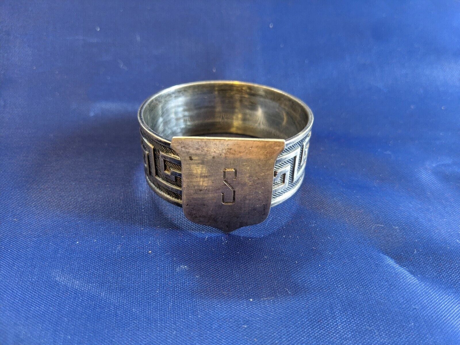 Antique Gorham L/A/G Sterling Silver Napkin Ring "S" initial on shield Etruscan?