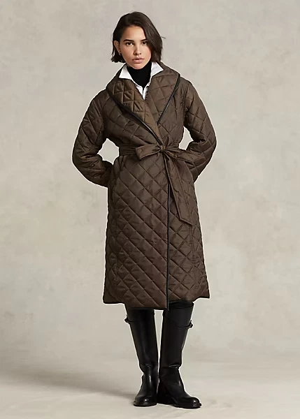 $698 Abrigo POLO Ralph Lauren Cuello Chal Cuero Borde Para Mujer Talla S Marrón