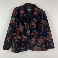 Modcloth Paisley Floral Habit Puff Sleeve Black Corduroy Blazer Size 1x