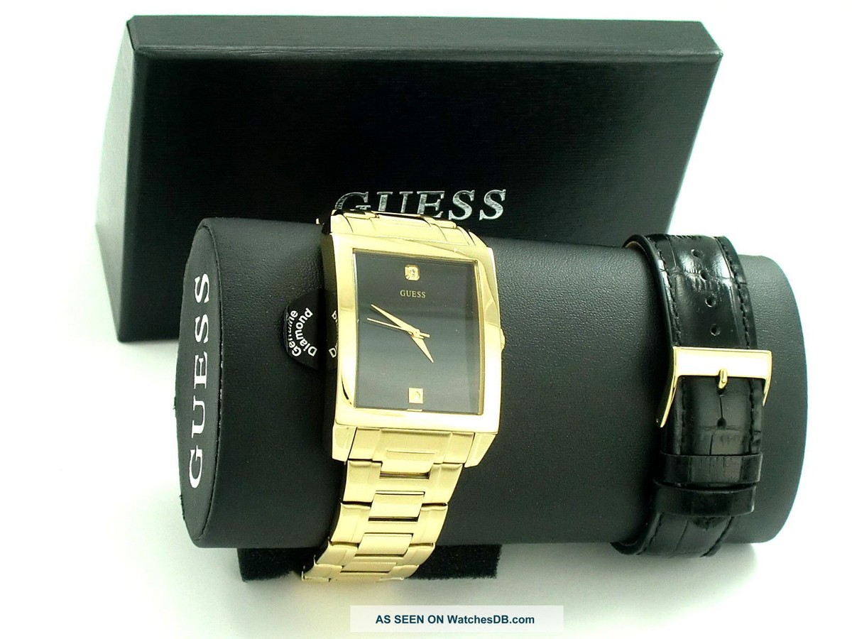 GUESS PC SET GOLD TONE S/STEEL,BLACK LEATHER BAND,DIAMOND ACCENT