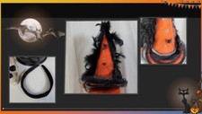 Fancy Witch Hat Fascinator - Orange Hat w/ Veil Black Feathers - Halloween Hat