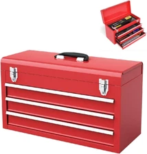 21-Inche Tool Box, Portable 3 Drawer Steel Toolbox with Top Storage Tray & Carry