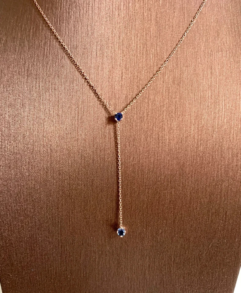 Collar Lariat 'Y' cadena cable zafiro azul creado en laboratorio de 1 quilate en oro de 14 k Foto 3 de 4