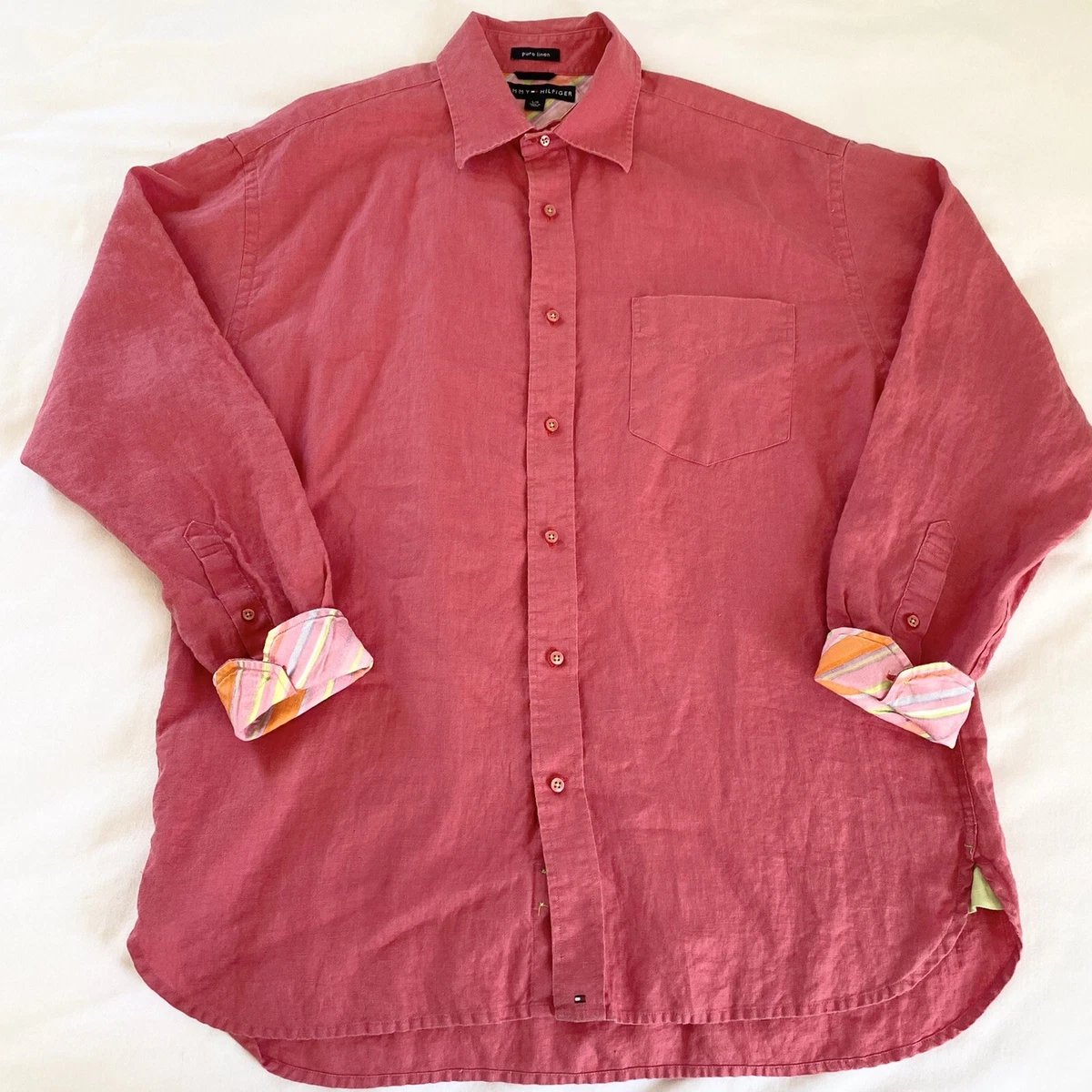 Tommy Hilfiger 100 Linen Shirt Flamingo Pink Men s L Long Sleeve
