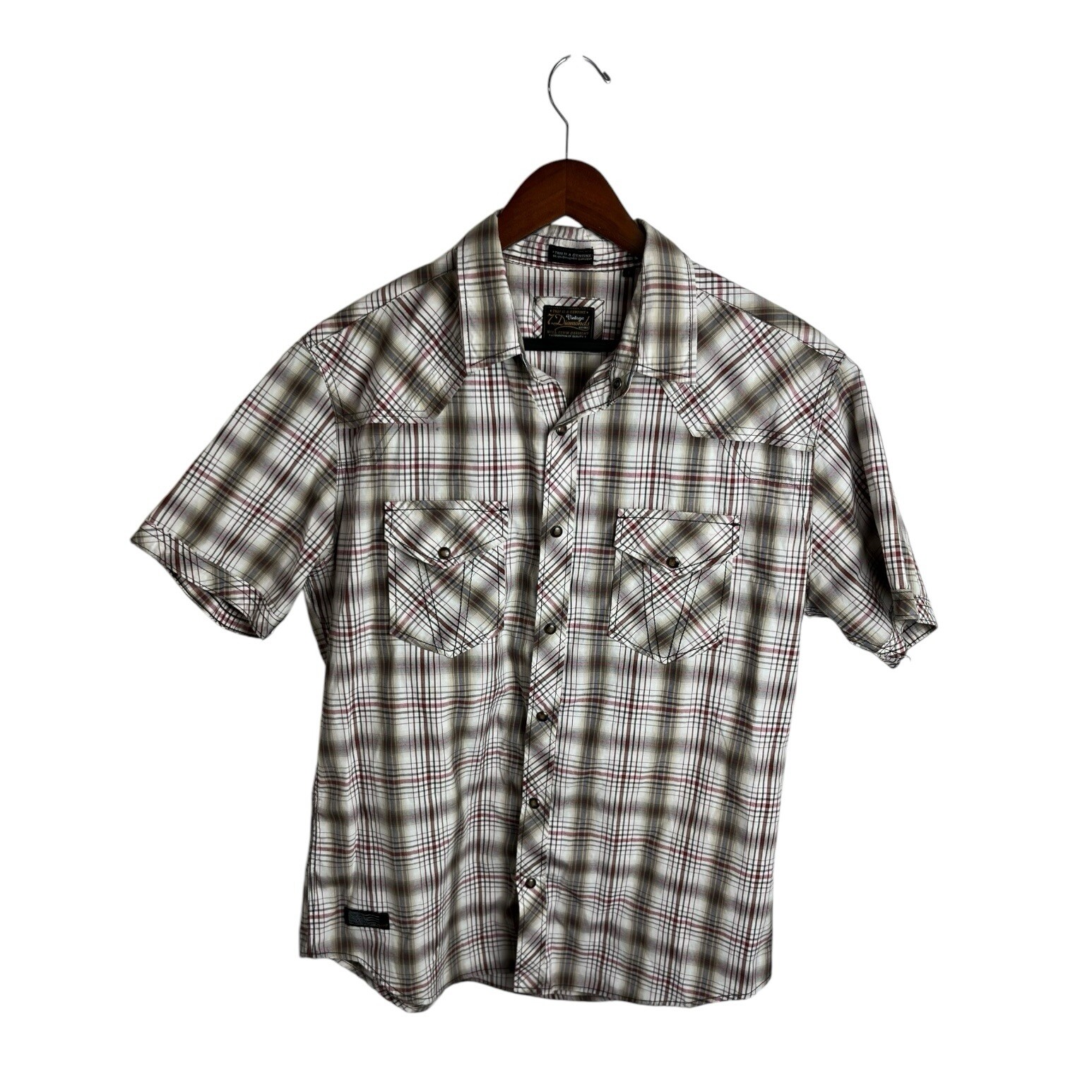 7 Diamonds Shirt Mens L  Short Sleeve Pearl Snap Multicolor Plaid Western Cowboy