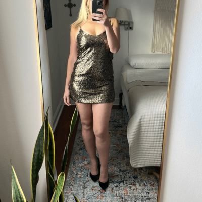 Storee Sequin Dress Womens XS Gold Black Spaghetti Strap Minidress | eBay