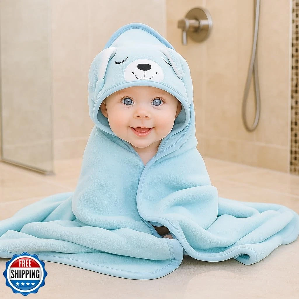 Hooded Baby Bath Towel for Boys – Soft and Absorbent Blue Animal Design | Plu