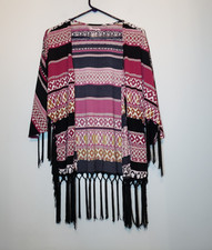 Wrangler Womens Sz S Kimono Long Sleeve Aztec Pink Open Front Black Fringe Boho