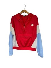 Champion Women's Nylon Warm Up Jacket Red Spark Blue White Hooded Large
