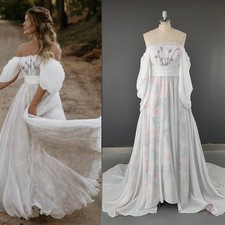 Elegant Off Shoulder Wedding Dresses Puffy Half Sleeves Lace Floral Bridal Gowns