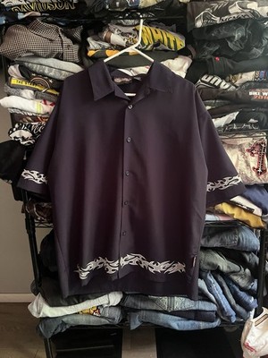 Vintage Y2K Sapphire Lounge Navy Blue Flame Button Up Grunge Skate Men s Size XL