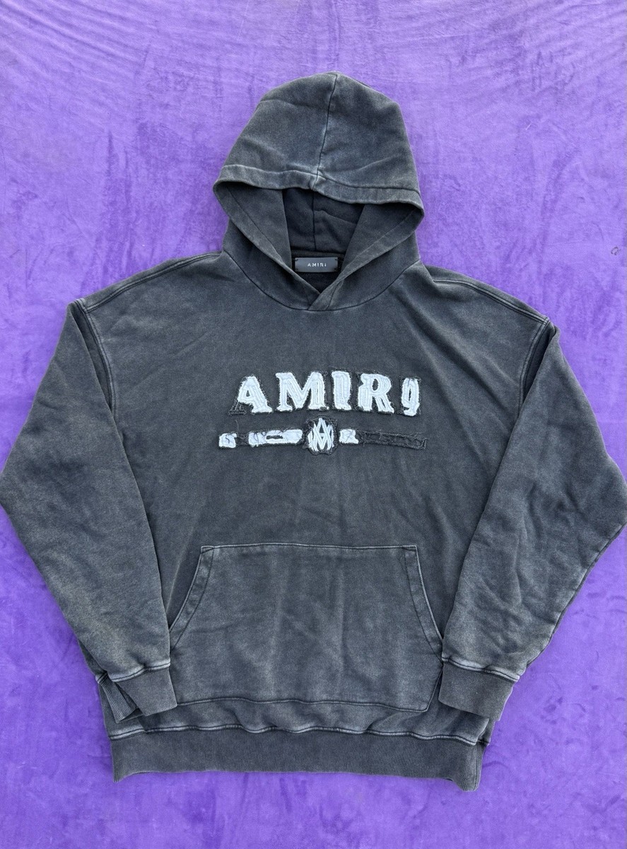 Amiri Mens Distressed Ma Bar Hoodie Grey/Black Size Large Washed