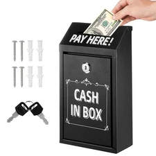 Black Wall Mounted Metal Coin Box With Key Lock, Suitable For Home Office Or Out