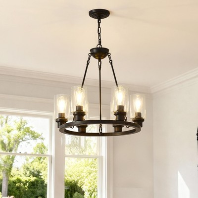 24'' Pendant 6 Lights Wagon Wheel Black Farmhouse Chandelier Living Room Fixture