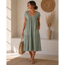 Easel Sage Green Tiered Midi Dress Boho Oversized Cotton Blend Medium