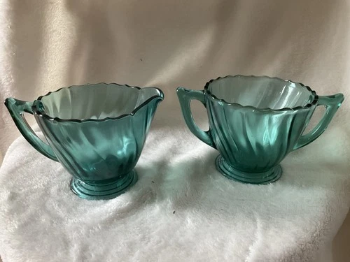 Vintage Jeanette Ultramarine Swirl Glass Creamer and Sugar Bowl Set