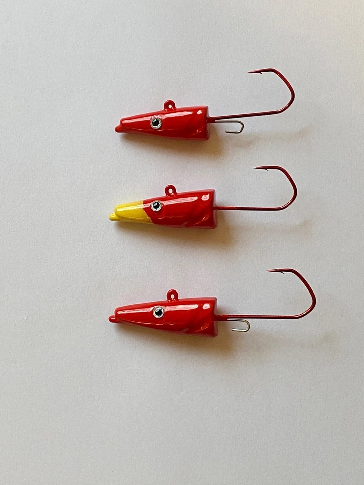 Eel-Head Jigköpfe 40-60g Rot/Gelb mit 3D Augen VMC 5150 Haken Größe 4/0 - 6/0