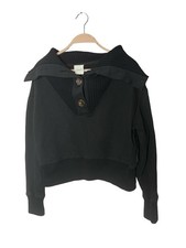 Varley Milan Ribbed Sweater Pullover Black Medium Exaggerated Collar Button