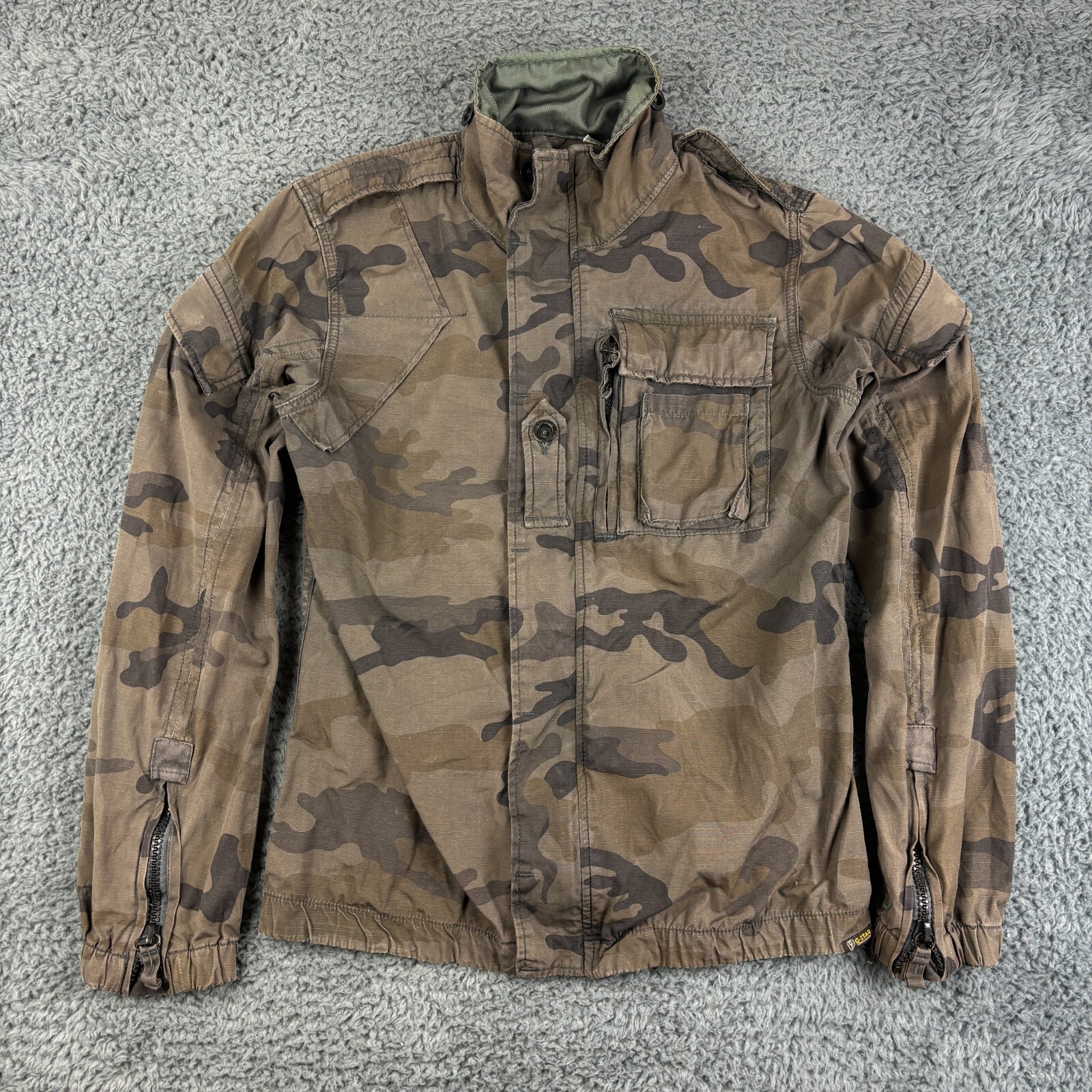 G Star Raw Jacket Mens Medium Brown Khaki Camouflage Utility Army Pockets Bomber