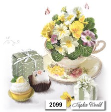 2099 TWO Individual Paper LUNCHEON Decoupage Napkins - TEACUP FLOWERS SWEETS