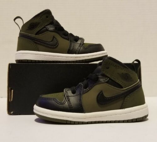 Nike Air Jordan 1 Mid TD « toile d'olive » tout-petit taille 6c NEUF 640735-301 sans couvercle de boîte - Photo 1/7