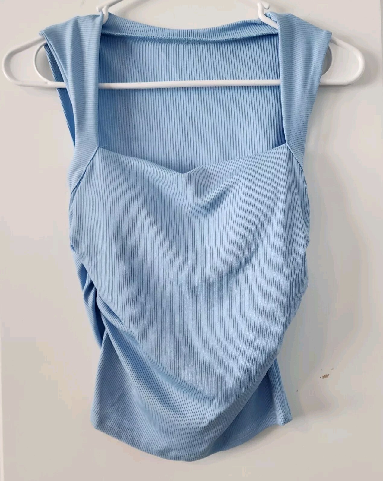 shein women's Small Sleeveless Light Blue Crop Top Stretchy Padded Gathered Side