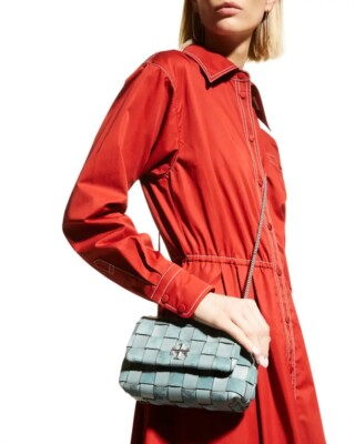 Tory Burch Kira Mini Woven Mix-Leather Crossbody Bag Arctic