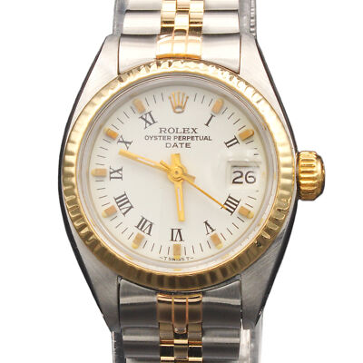Vintage Rolex Date 6917 Lady 2Tone Yellow Gold & Steel Watch w/ White Roman Dial