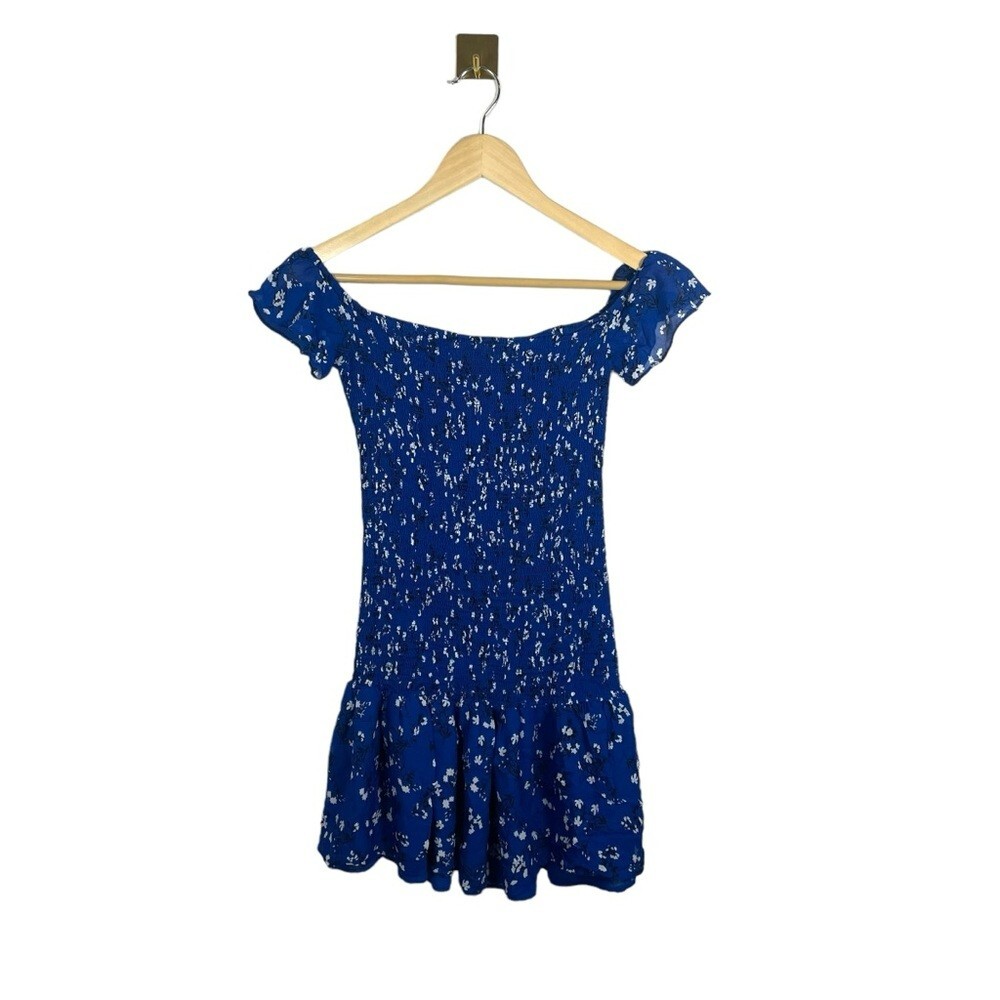 Zara Smocked Floral Bodycon Off the Shoulder Mini Dress in Blue/White Size S thumbnail 3