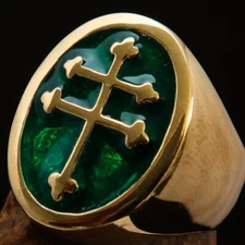 OVAL SHAPED MENS BRASS CROSS LORRAINE PINKY RING CHRISTIAN SYMBOL GREEN SIZE 5