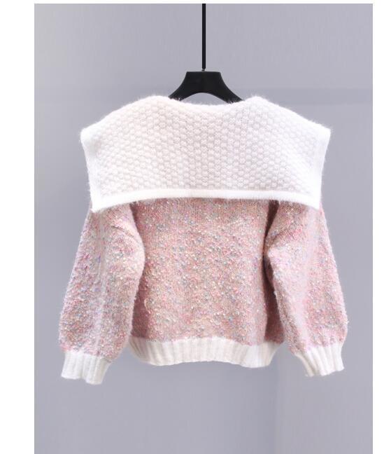 College style doll collar long-sleeved knitted cardigan 2025 contrast color A-line skirt suit R1292 main image 1