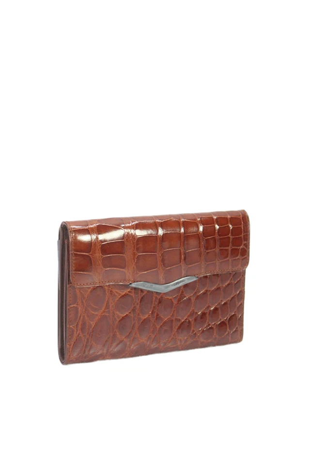 Cartera Tardini para mujer genuina de cocodrilo americano adornada en plata coñac Foto 3 de 4