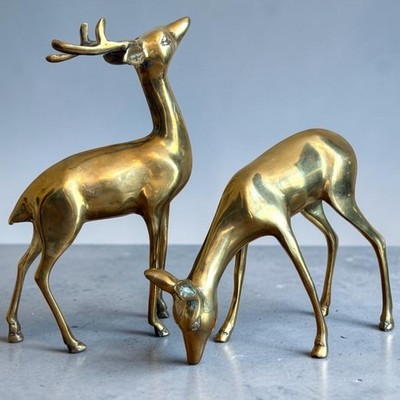 Vintage Large Solid Brass Deer Figurine Set Mid Century Modern Buck & Doe