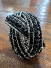 Handmade Black Silver Beaded Cuff Bracelet Wide Multi Strand Artisan Boho Y2K