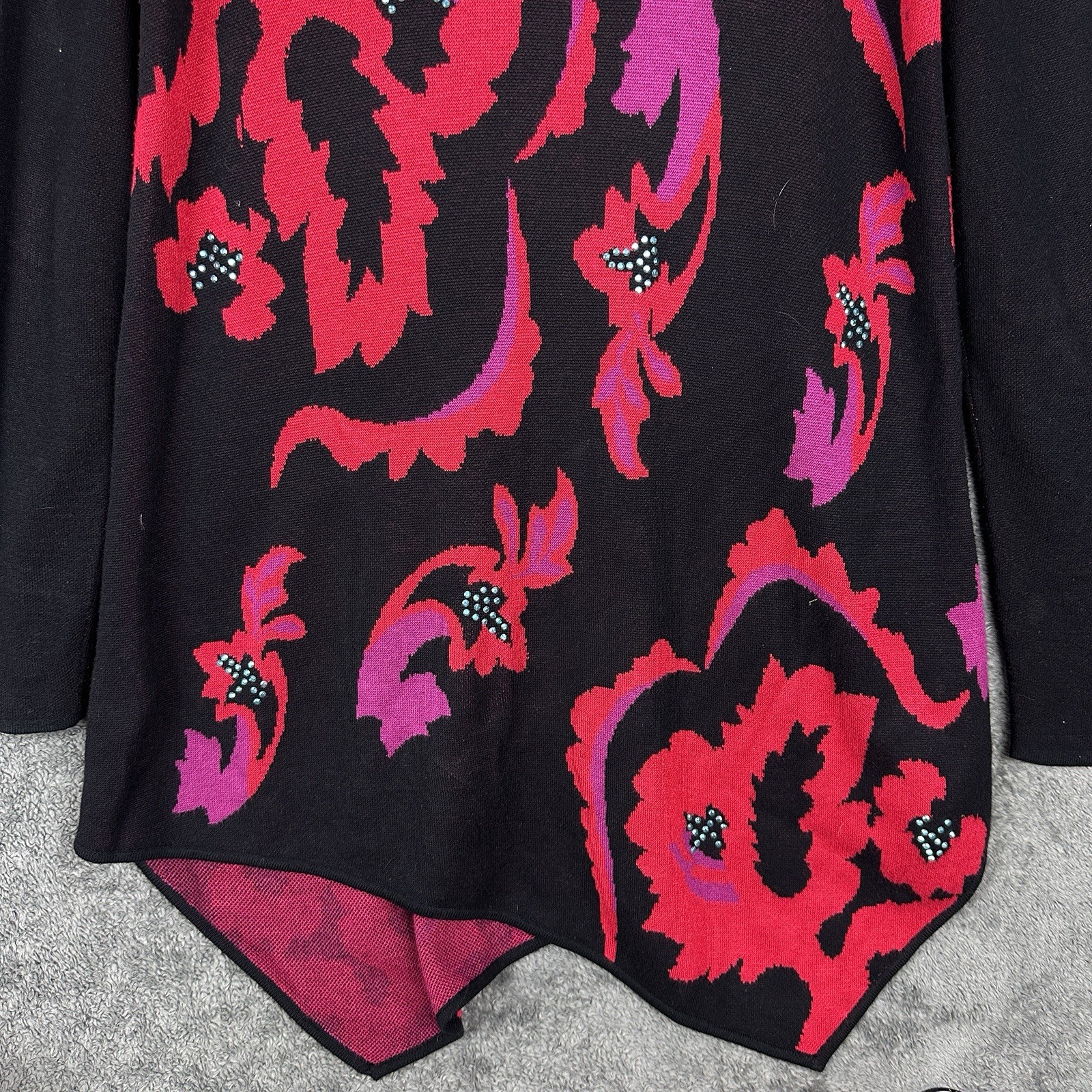 Joan Vass Rayon Knit Tunic Sweater Large Black Pink Floral Asymmetrical EUC