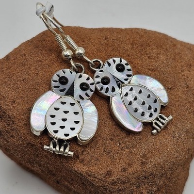 New! Zuni Made Snow Owl Inlay Sterling Silver Earrings - Signed