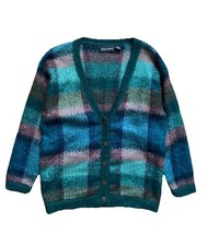 Vintage 80s Paul Harris Small Acrylic Mohair Plaid Cardigan Sweater Multicolor