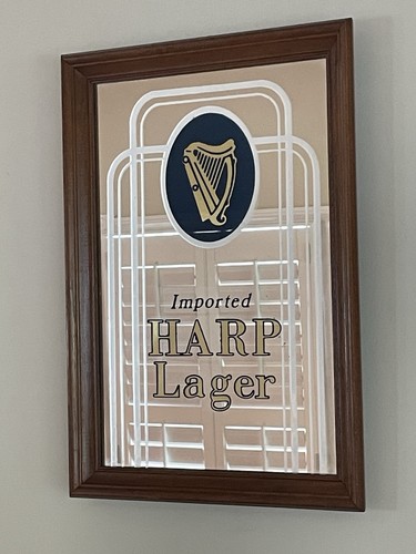 Vintage Imported Harp Lager Mirror Guinness Wood Frame Bar Pub Deco RARE!
