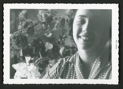 Smiling Woman Close Up Artistic Portrait Bouquet of Flowers 1960s Photo Abstract