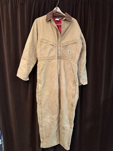 VTG CARHARTT 996QZR RED QUILTED LINED DUCK CANVAS WORKWEAR CARPENTER COVERALLS