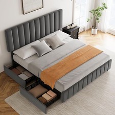Queen Linen Upholstered Platform Bed Frame with Headboard and 4 Storage Drawer
