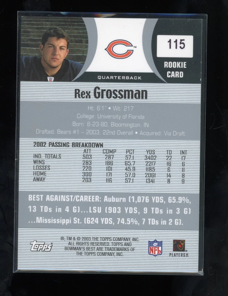 2003 Bowman's Best REX GROSSMAN RC Rookie Jersey Patch Chicago Bears #115 - Image 2 of 2