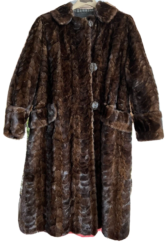 VTG FUR COAT GENUINE FULL LENGTH MAHOGANY BROWN MINK TEXTURED MARSHALL & SWIFT - Image 4 of 4