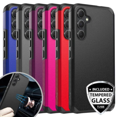 TJS For Galaxy A36 A56 5G Phone Case Dual Layer Hard Hybrid Cover+Tempered Glass