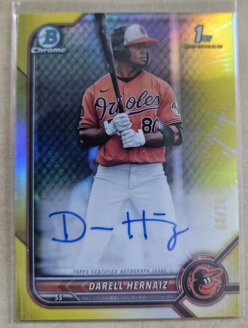 2022 Bowman Chrome Prospect Yellow Refractor 63/75 Darell Hernaiz Auto 1st