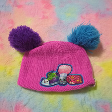 Shopkins Winter Beanie Hat Girls 4-14 Knit Pink With Purple And Blue Pom Poms