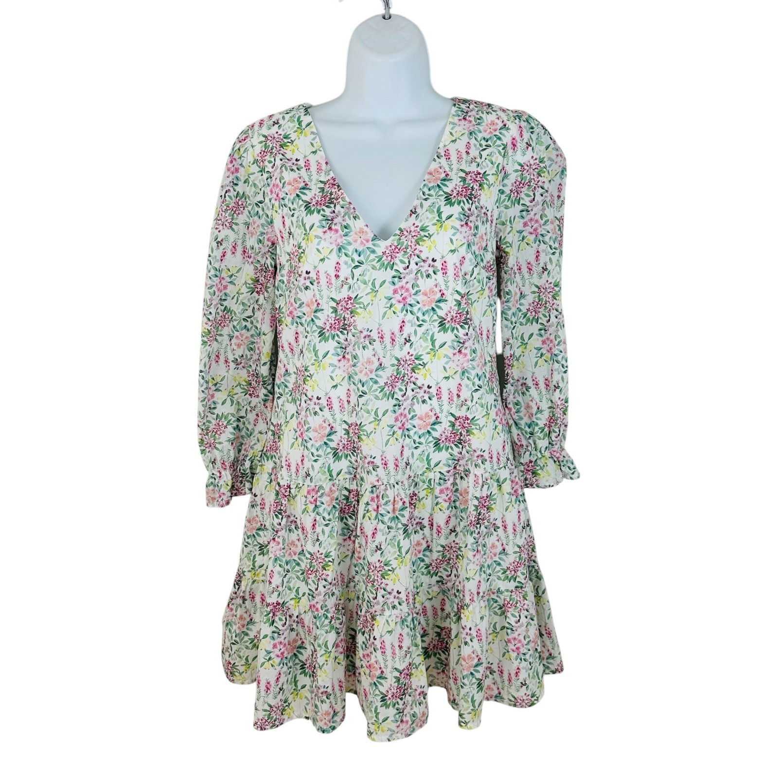 Mi Ami for Francesca's Women's Size S Floral Drop Waist White Green Dress
