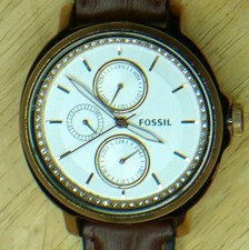 Fossil Men's Rose Gold Tone Case White Dial Day Date 24 Hours Brown Leather