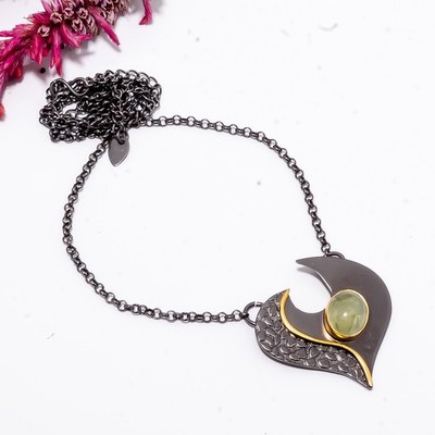 Prehnite Black And Gold Rhodium 925 Sterling Silver Chain Pendant 16-18'' Sku43
